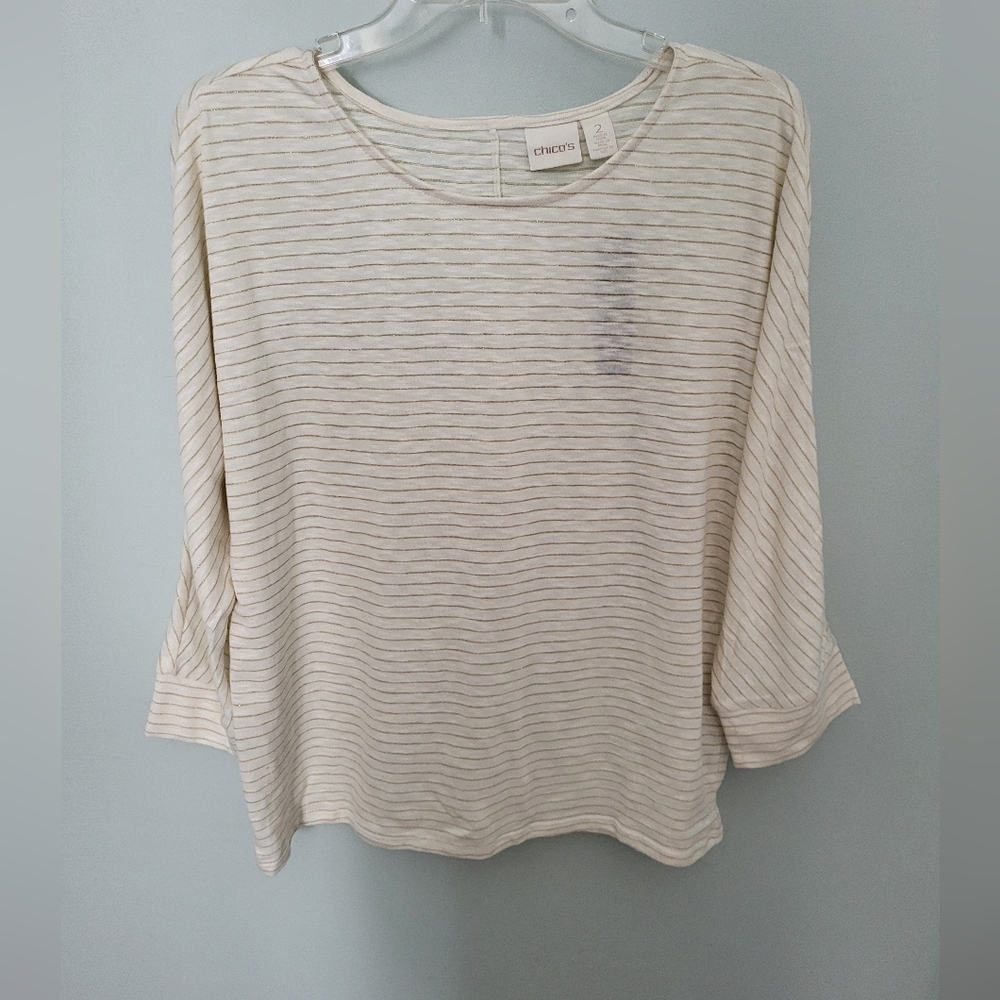 Chico's Women Size Large Metallic Striped 3/4 Sleeve Top Tee‎ Neutral New